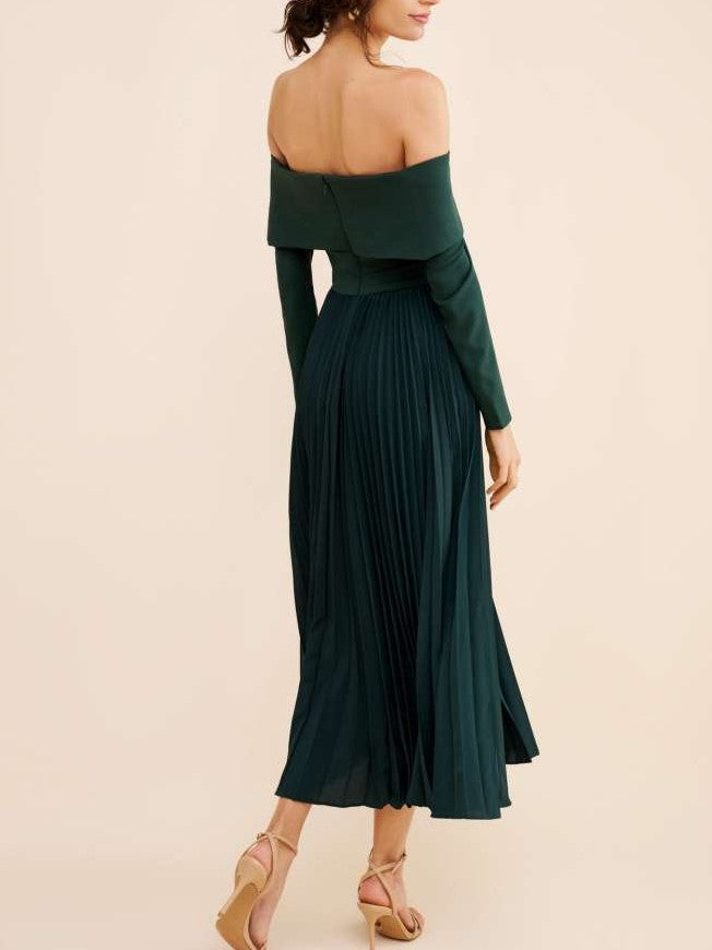 Pretty Off Shoulder Pleated Long Sleeve Green Midi Dress
