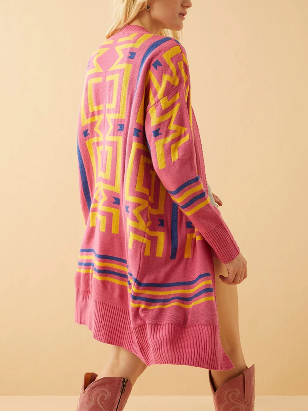 Winer Fashion Pretty Pink Geometric Long Sleeve Cardigan