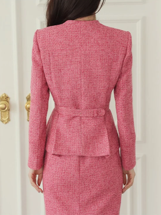 Professional Wear Pink V Neck Jacket Pencil Skirt Set - Ships in 24 Hrs