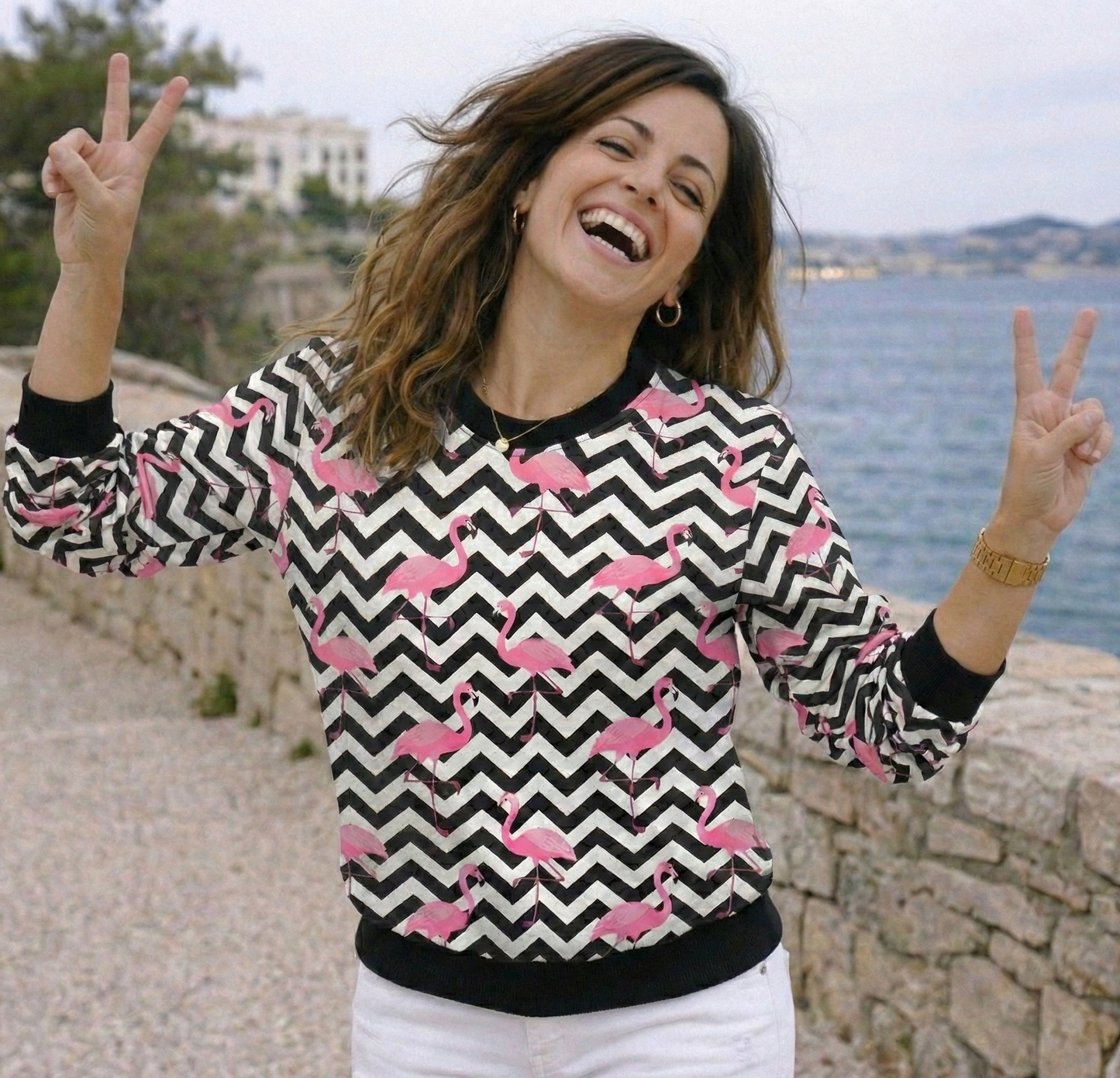Quirky Flamingo Print White Sweatshirt