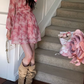 Ravishing Pink Floral Wrap Waist Long Sleeve Dress