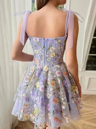 Ravishing Tied Strap Flower Applique Fit Flare Short Dress