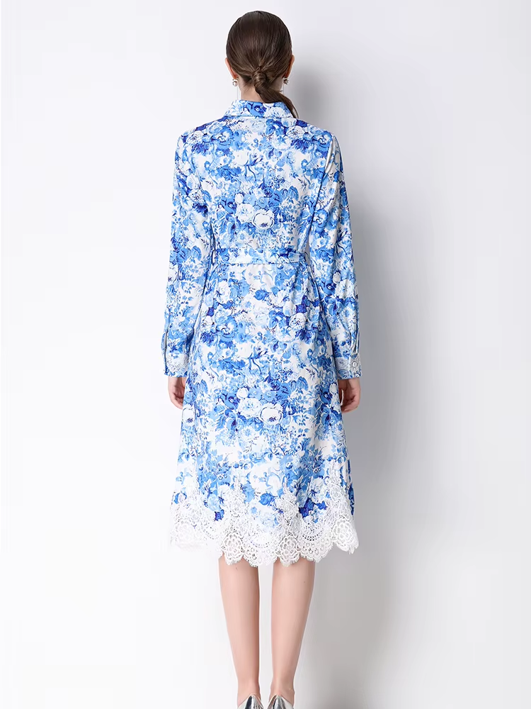 Retro Blue and White Porcelain Printed Lace Splicing Party Dress