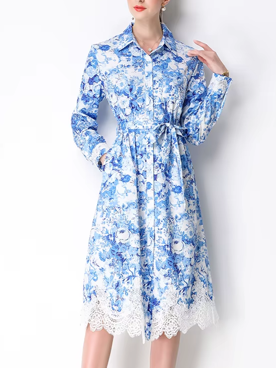 Retro Blue and White Porcelain Printed Lace Splicing Party Dress