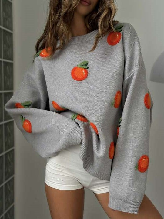 Winter Fashion Retro Embroidery Loose Grey Sweater