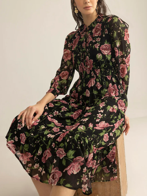 Romantic Floral Long Sleeve Black Dress