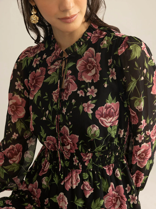 Romantic Floral Long Sleeve Black Dress