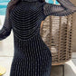 Sexy Backless Rhinestones Long Sleeve Black Dress