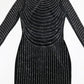 Sexy Backless Rhinestones Long Sleeve Black Dress