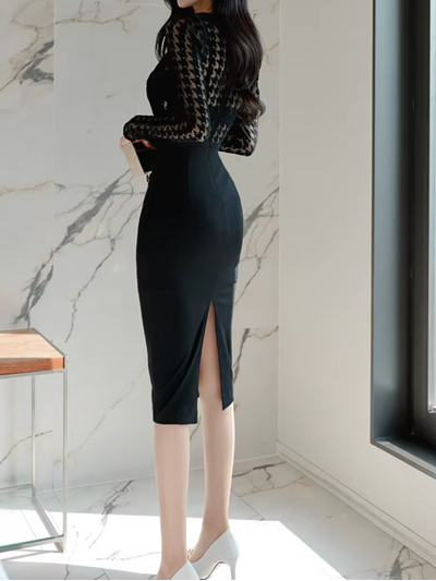 Sexy Lace Through Black Hollow Out Pencil Dress
