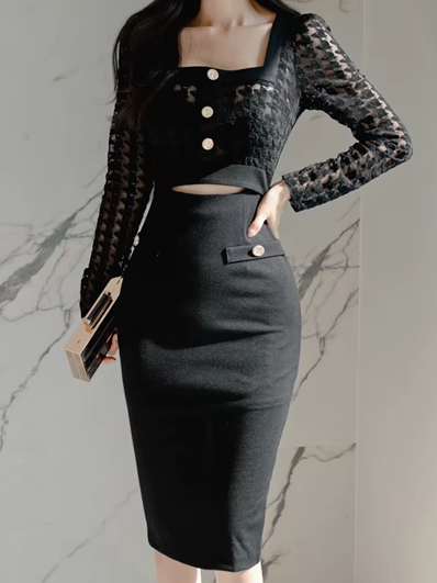 Sexy Lace Through Black Hollow Out Pencil Dress