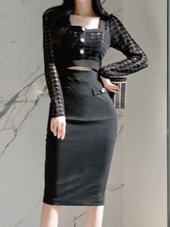 Sexy Lace Through Black Hollow Out Pencil Dress