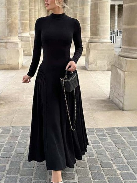 Simple Round Neck Long Sleeve High Rise Black Dress