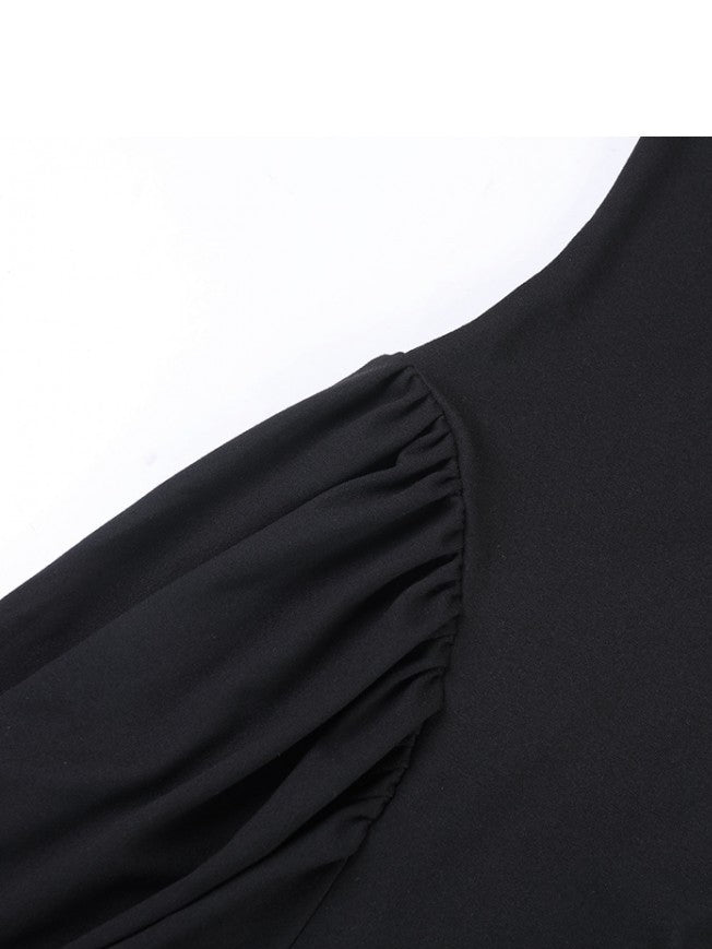 Simple Round Neck Long Sleeve High Rise Black Dress