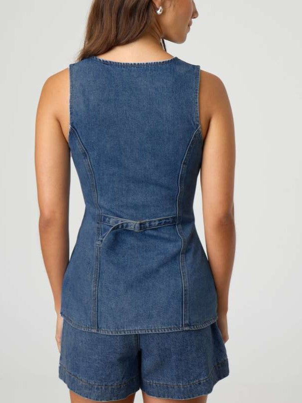 Smart Denim V Neck Button Up Vest Shorts Set