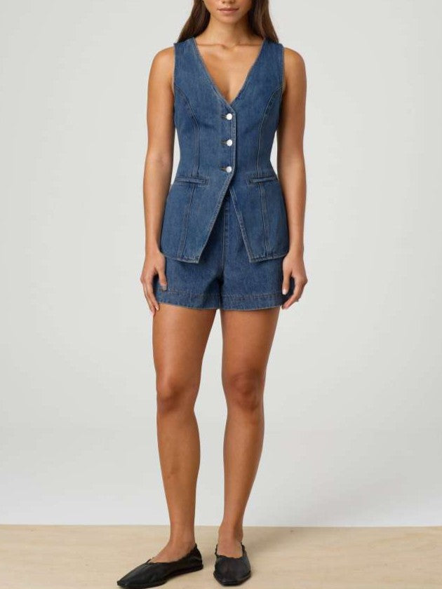 Smart Denim V Neck Button Up Vest Shorts Set