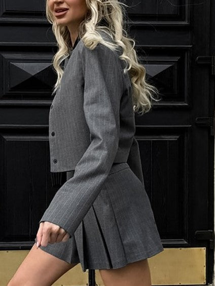 Smart Grey Stripped Long Sleeve Skirt Set