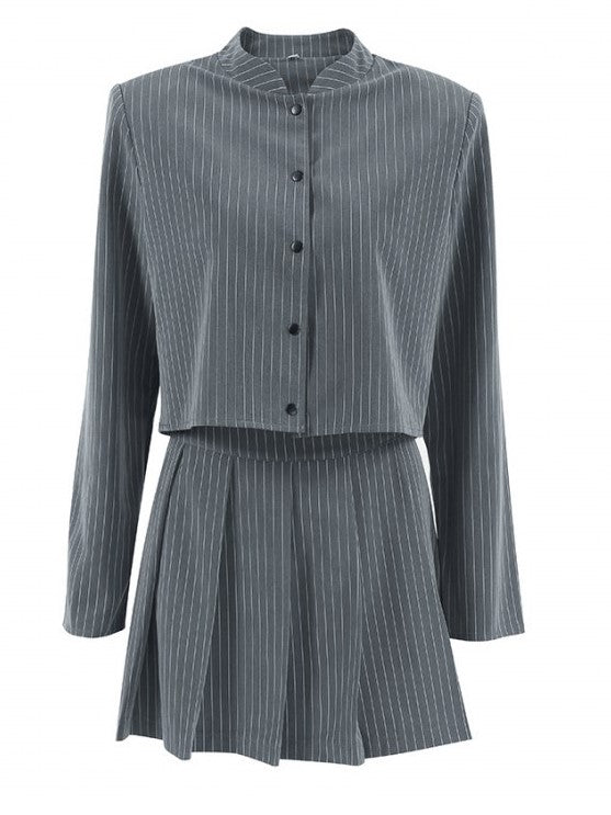 Smart Grey Stripped Long Sleeve Skirt Set