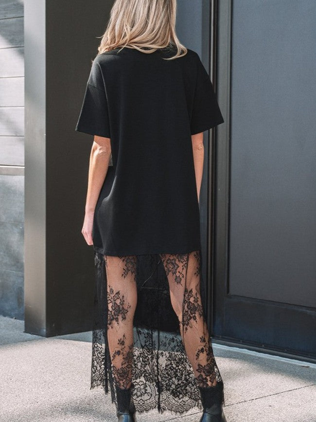 Smart Lace Panel Short Sleeve Comfort Wear Black Maxi Dress