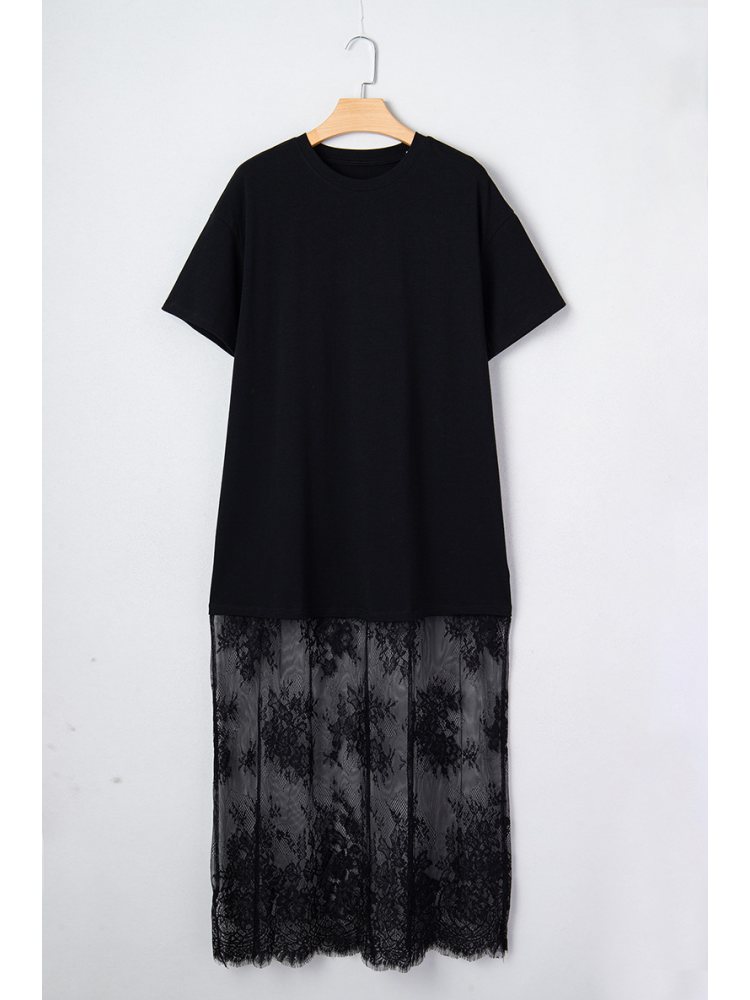 Smart Lace Panel Short Sleeve Comfort Wear Black Maxi Dress