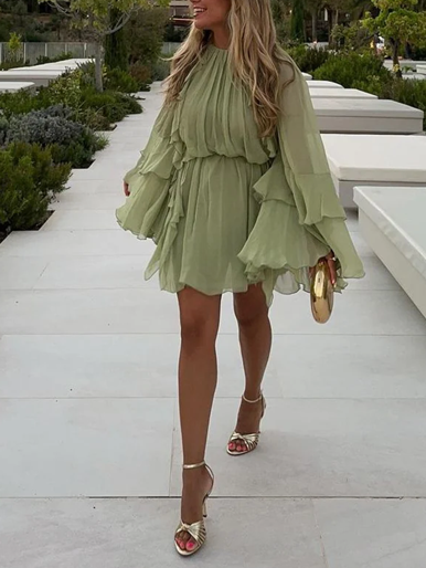 Smart Ruffle Bell Sleeves Green Short Dress