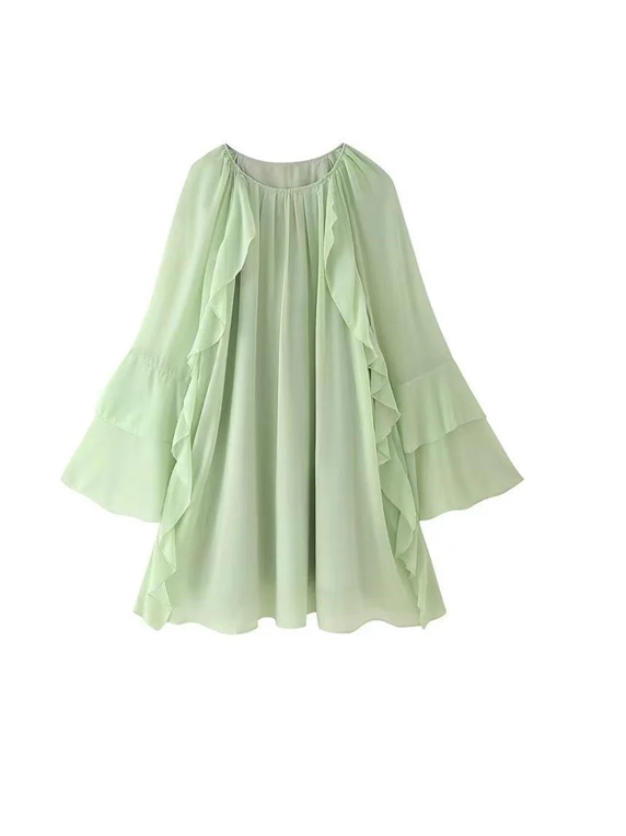 Smart Ruffle Bell Sleeves Green Short Dress