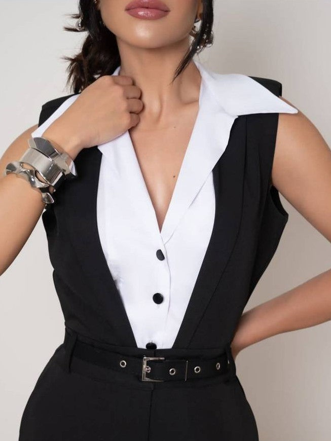 Formal Wear Sleeveless Formal Fashion Lapel Black Jumpsuit
