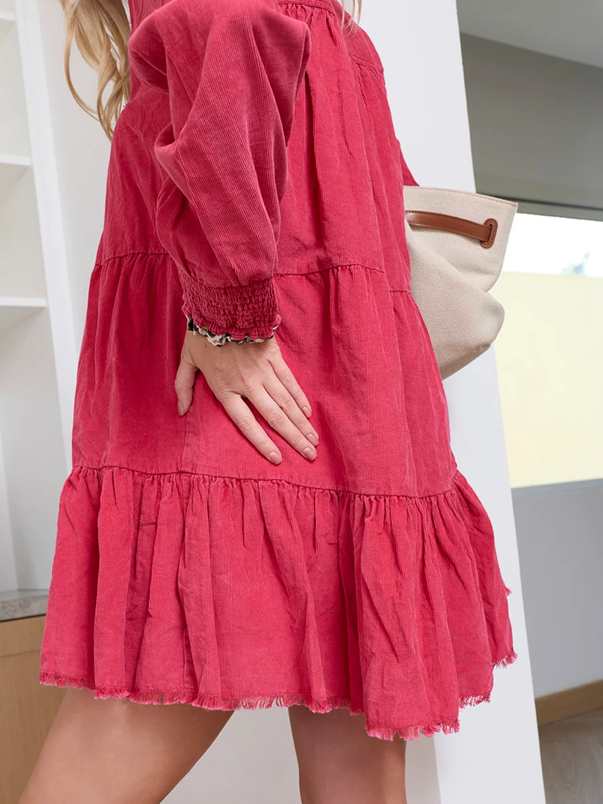 Smart Tiered Pink Corduroy Mini Dress