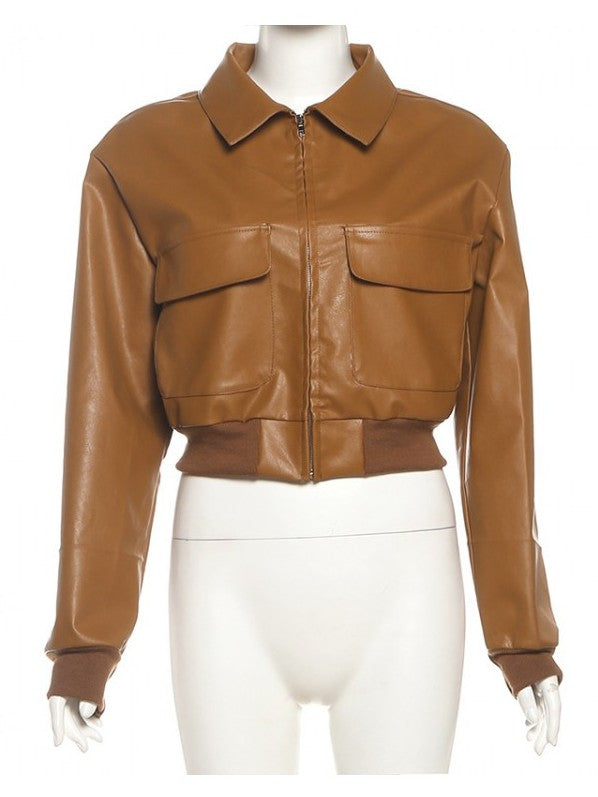 Smart Winter Fashion Flap Pockets Lapel Zipper Crop Peacoat