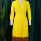 Smart Workwear Pleated Colorblock Long Sleeve Yellow Dress With Belt
