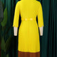 Smart Workwear Pleated Colorblock Long Sleeve Yellow Dress With Belt