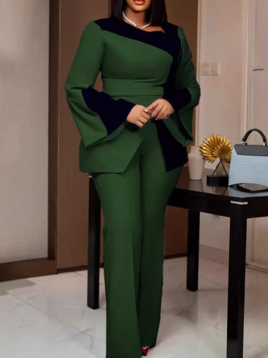 Sophisticated Irregular Color Matching Pants Green Co Ord Set