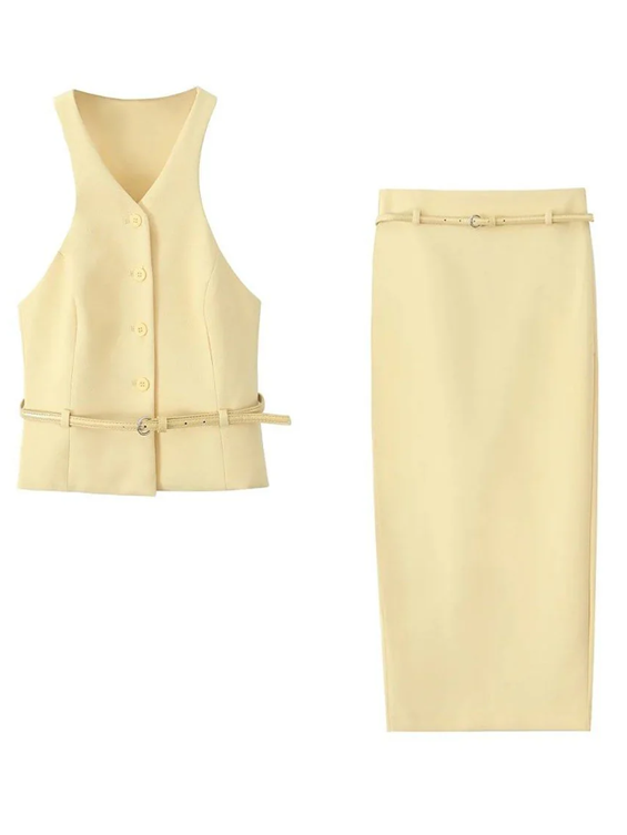 Sophisticated Sleeveless Vest Wasit Coat With Yellow Pencil Skirt Set