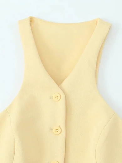 Sophisticated Sleeveless Vest Wasit Coat With Yellow Pencil Skirt Set