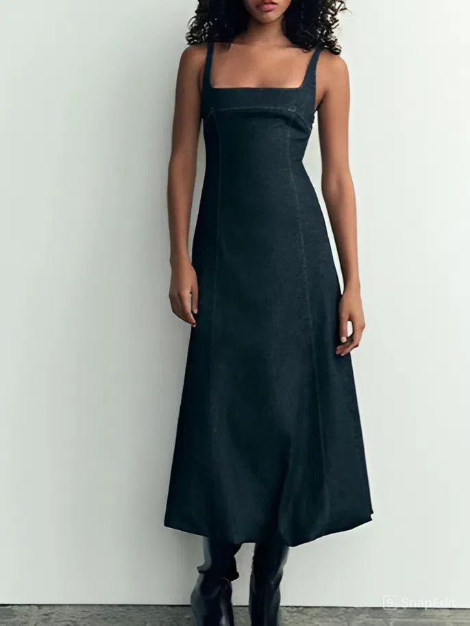 Chic Sqaure Neck Blue Denim Dress