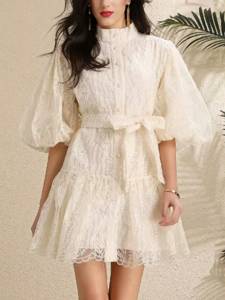 Stunning Lantern Sleeves Hollow Out Lace Single Breasted A-line High Waist Apricot Mini Dress