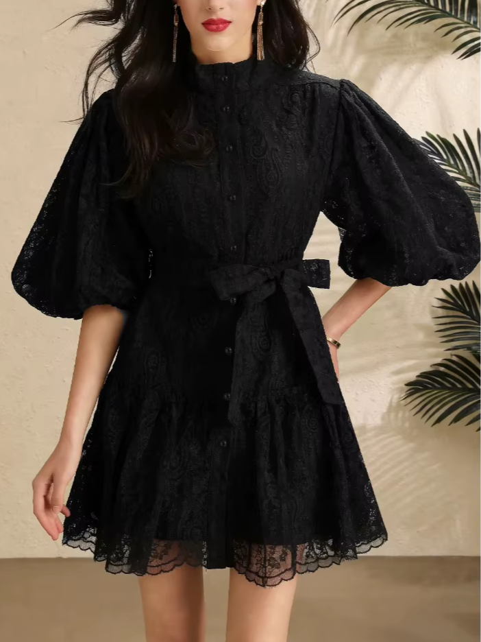 Stunning Lantern Sleeves Hollow Out Lace Single Breasted A-line High Waist Black Mini Dress