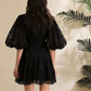 Stunning Lantern Sleeves Hollow Out Lace Single Breasted A-line High Waist Black Mini Dress