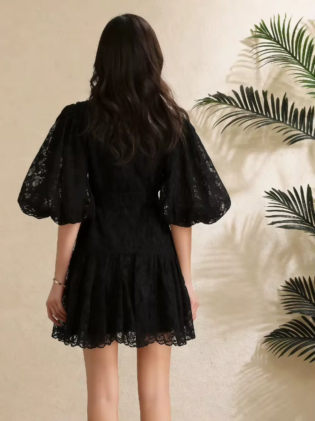 Stunning Lantern Sleeves Hollow Out Lace Single Breasted A-line High Waist Black Mini Dress