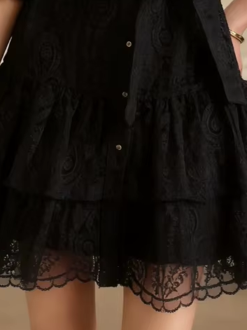 Stunning Lantern Sleeves Hollow Out Lace Single Breasted A-line High Waist Black Mini Dress
