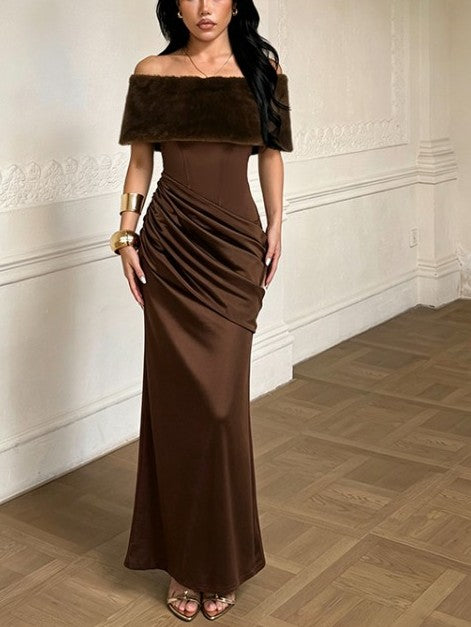 Stylish Boat Neck Brown Maxi Dress