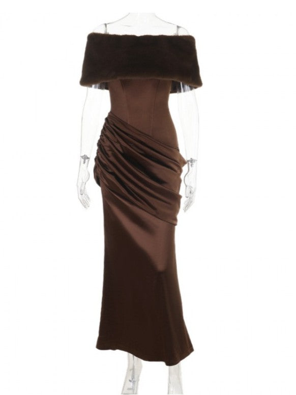 Stylish Boat Neck Brown Maxi Dress
