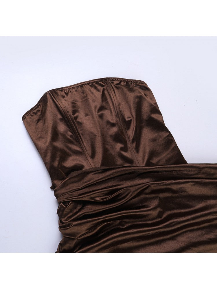 Stylish Boat Neck Brown Maxi Dress
