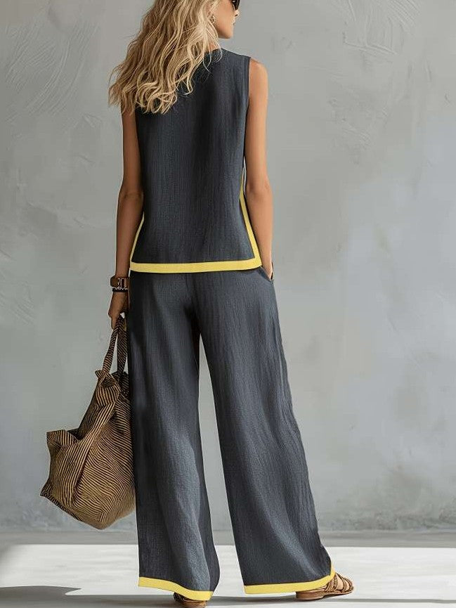 Stylish Contrast Loose Tank Top With Pants Set
