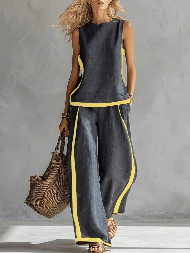 Stylish Contrast Loose Tank Top With Pants Set