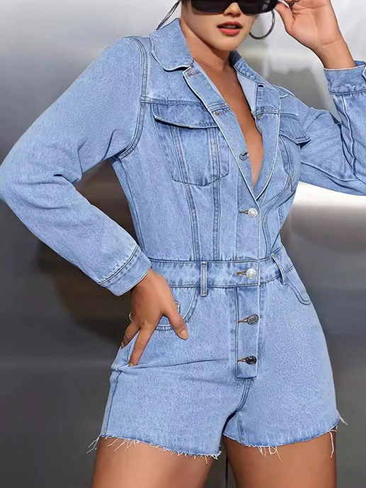 Stylish Denim Pocket Collar Long Sleeve Romper