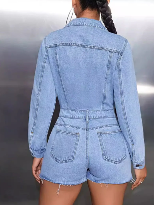 Stylish Denim Pocket Collar Long Sleeve Romper
