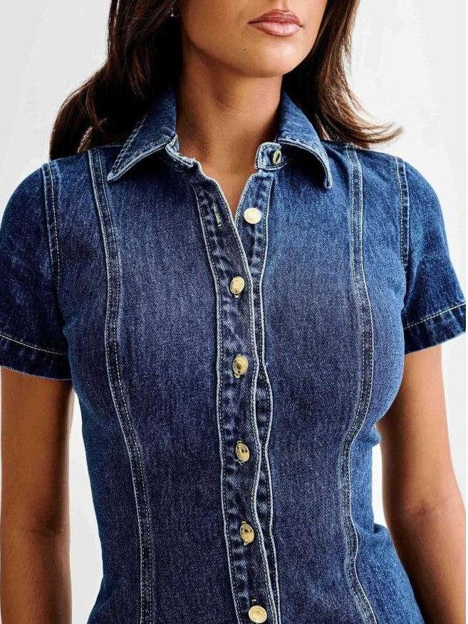 Stylish Denim Short Sleeve Fitted Skirt Set