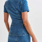 Stylish Denim Short Sleeve Light Blue Fitted Skirt Set