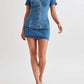 Stylish Denim Short Sleeve Light Blue Fitted Skirt Set